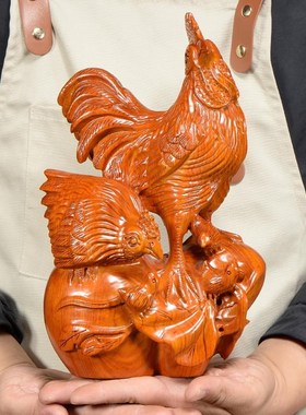 速发花梨实木雕工十家福摆件木头根雕母鸡全二生肖红木家居刻艺礼