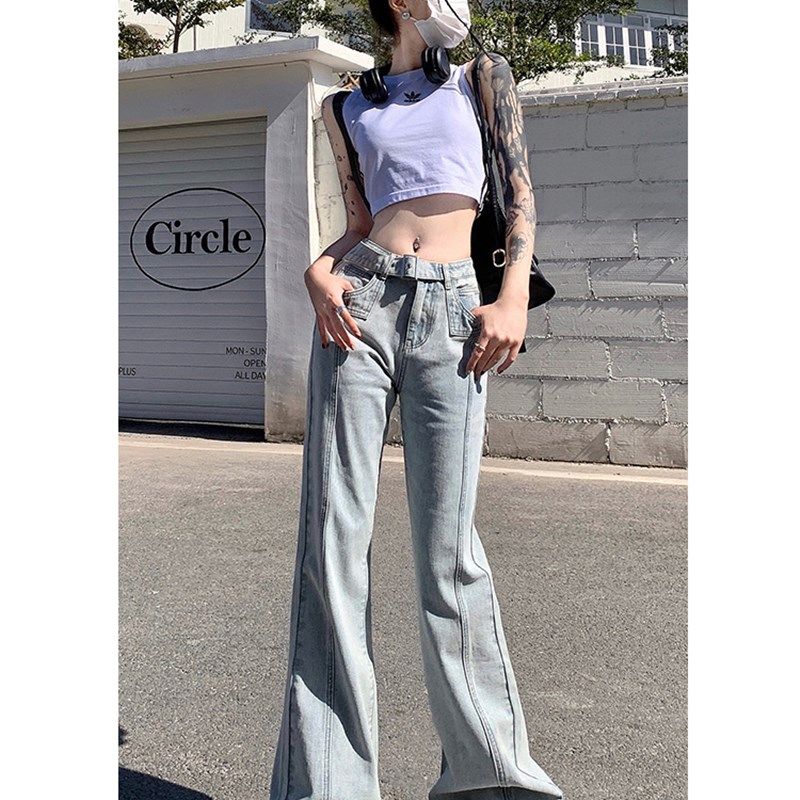 速发设浅色微喇牛仔裤复古高腰大码辣妹蓝计感直筒裤子