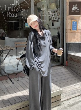 速发大码慵懒风套装新款休闲连地衣袖T恤上长高腰拖帽阔腿裤