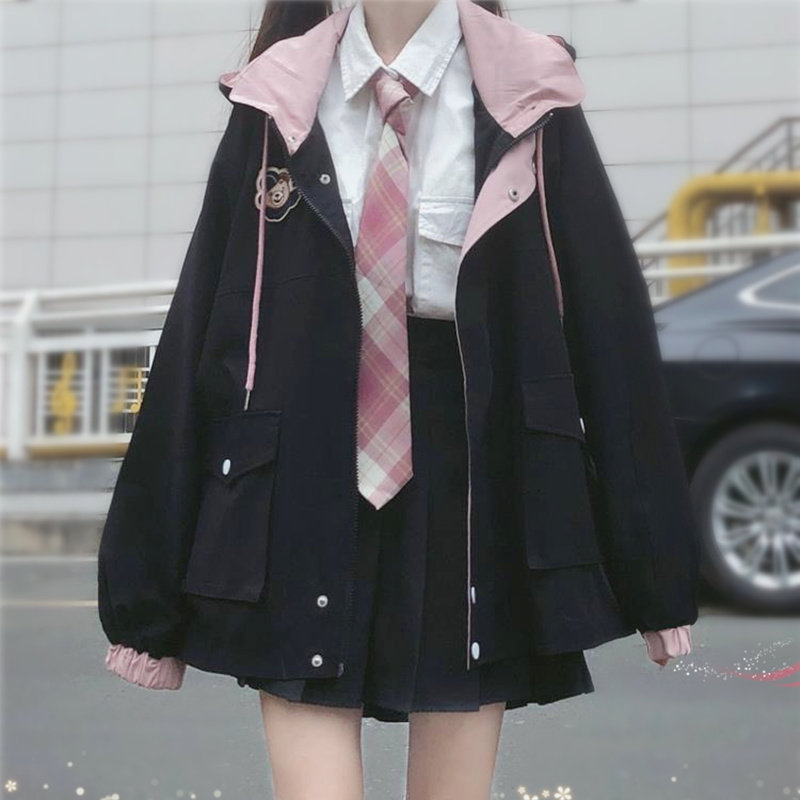 速发连院风j克风衣款2024新款春小个子短款学帽黑色夹k外套薄款
