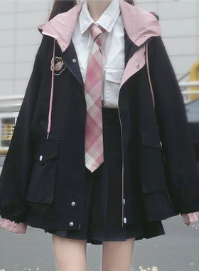 速发连院风j克风衣款2024新款春小个子短款学帽黑色夹k外套薄款