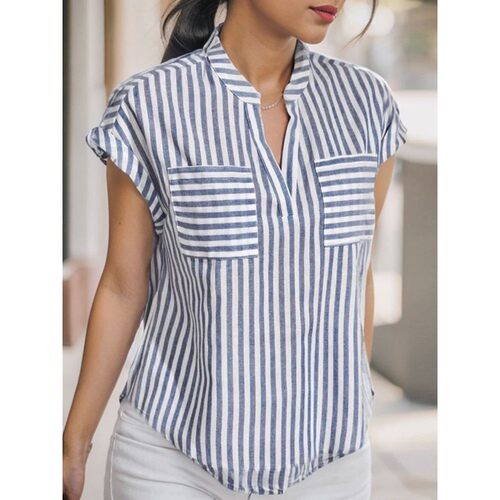 Stripe printed V-neck T-shirt shirt women 条纹印花V领T恤衬衫