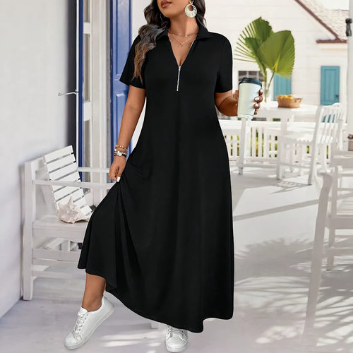 短袖纯色拉链收腰连衣裙Short sleeved solid color zipper dress