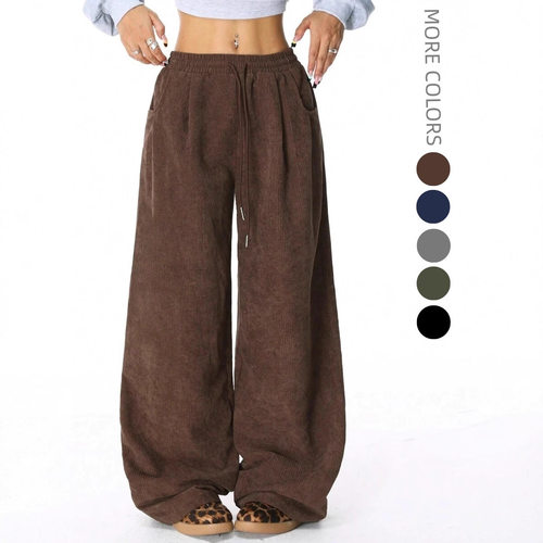 高腰休闲抽绳阔腿裤女式High waisted drawstring wide leg pants