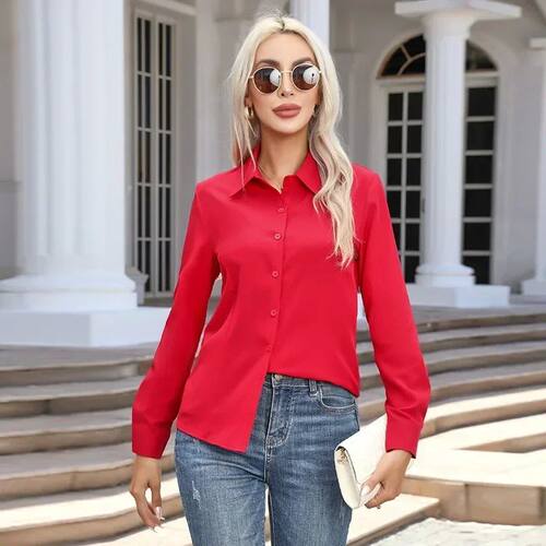 Long sleeved single breasted solid color shirt单排扣纯色衬衫