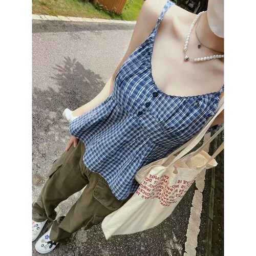 Retro plaid button down vest for women复古格纹纽扣修身背心女