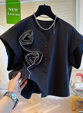 3D rose white short sleeved shirt 女士立体玫瑰花白色短袖衬衫