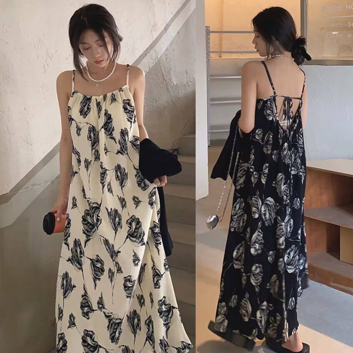 法式复古风吊带连衣裙女夏季设计感宽松纯欲印花辣妹露背休闲裙