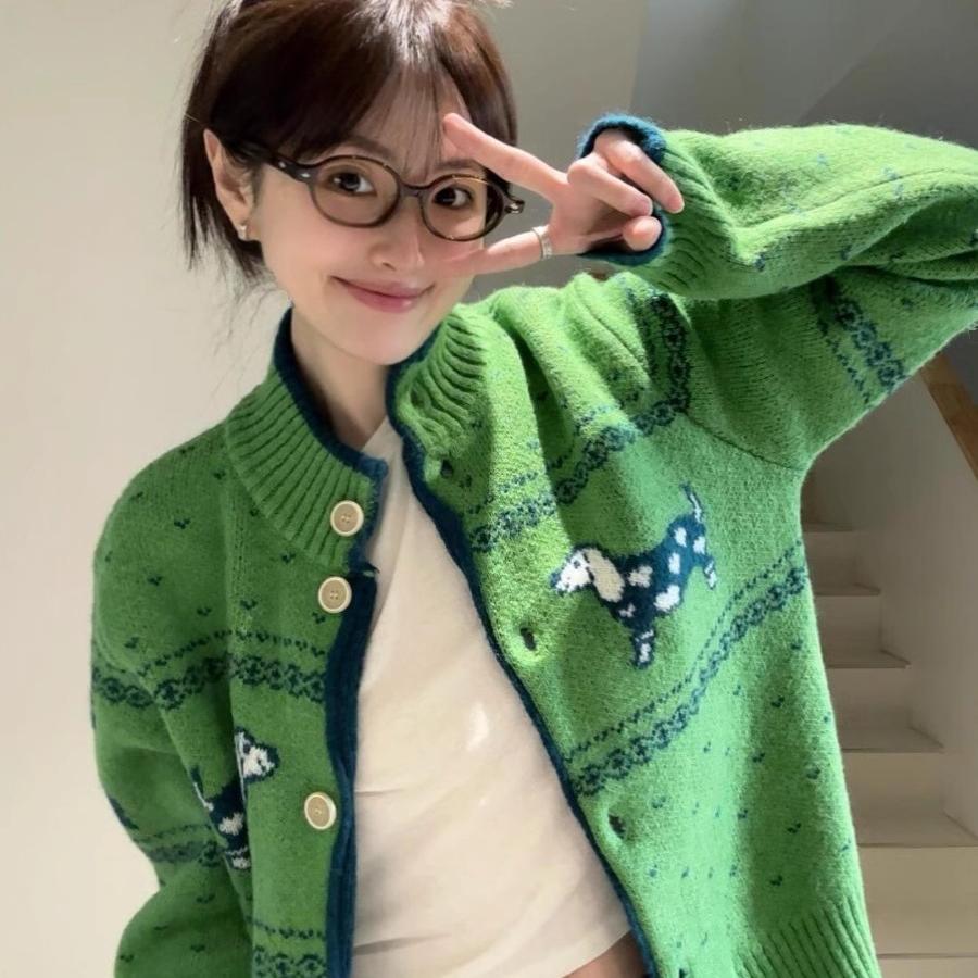 圣诞节绿色毛衣女秋冬季费尔岛复古氛围感穿搭厚上衣针织开衫外套