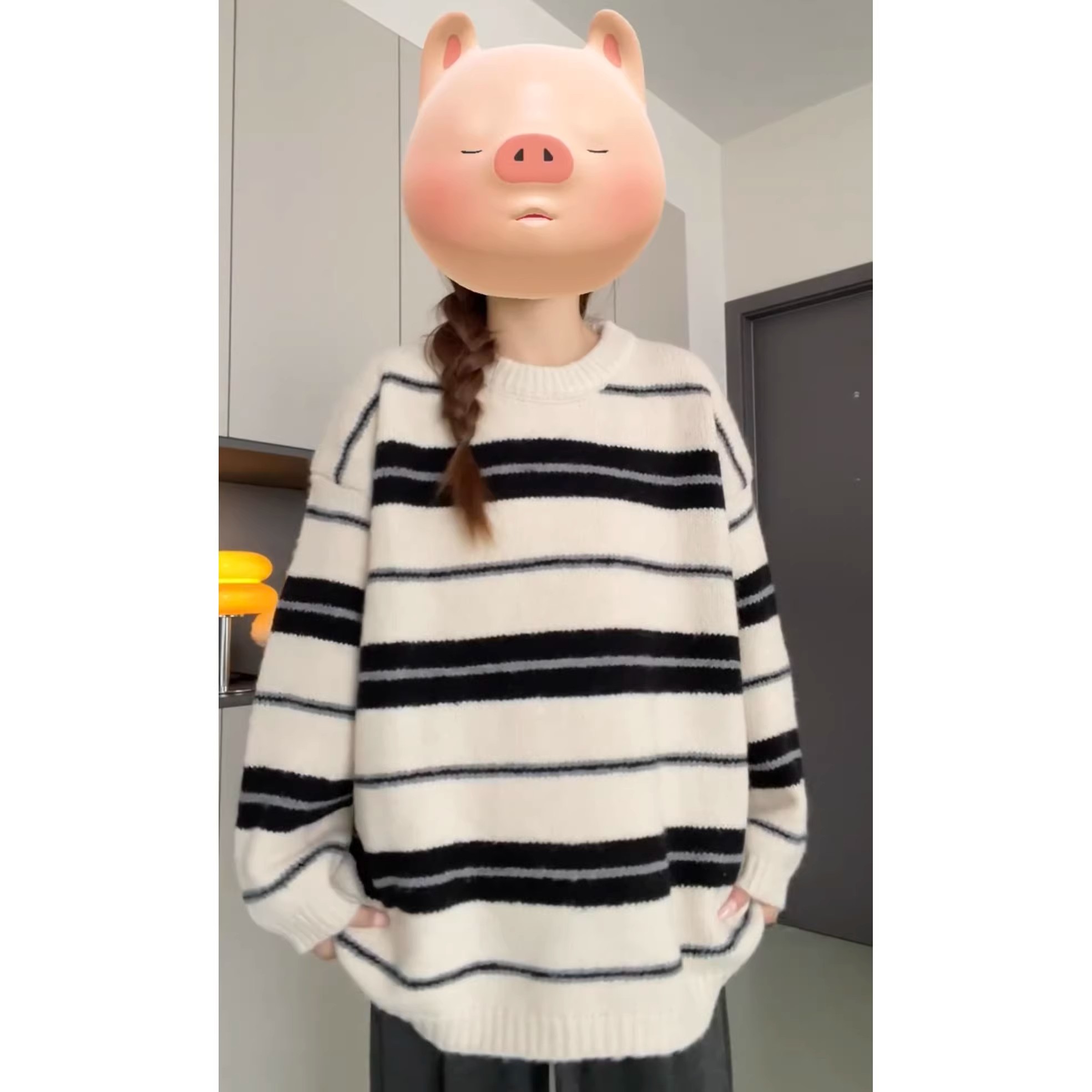 学院风条纹灰色长袖针织衫女秋季宽松慵懒风打底衫毛衣中长款上衣