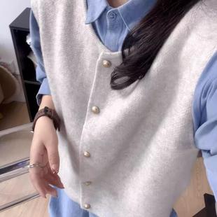 韩系质感学院风叠穿上衣女秋冬新款 搭配针织坎肩马甲 翻领长袖 衬衫