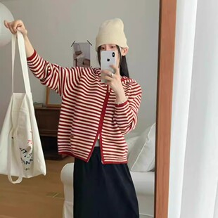 红色撞色条纹连帽针织衫女开衫秋冬季新款宽松慵懒风学生毛衣外套