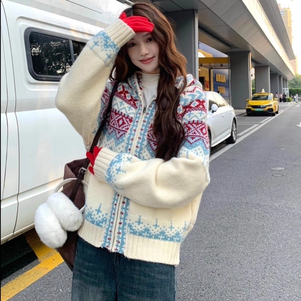 费尔岛毛衣针织开衫外套女米色毛衫加厚宽松长袖圣诞连帽外套秋冬