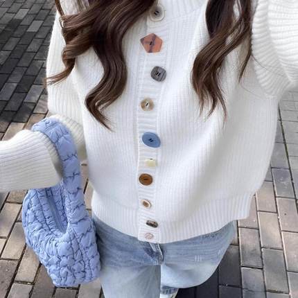 韩系软糯设计感白色针织开衫毛衣女开春秋宽松外穿慵懒风外套上衣