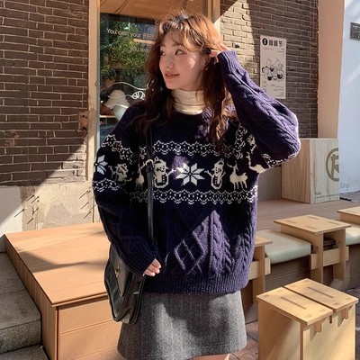 复古费尔岛提花圆领毛衣女秋冬新款宽松加厚保暖慵懒百搭毛针织衫