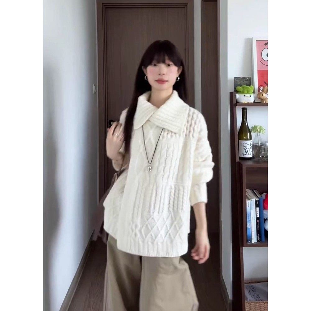 复古麻花毛衣绵羊绒不对称翻领针织开衫慵懒感外套秋冬韩版新款女