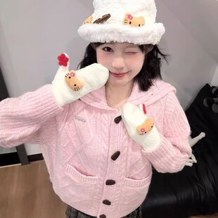 粉色大翻领毛衣开衫女秋冬新款绞花软糯针织衫外套宽松学院风上衣