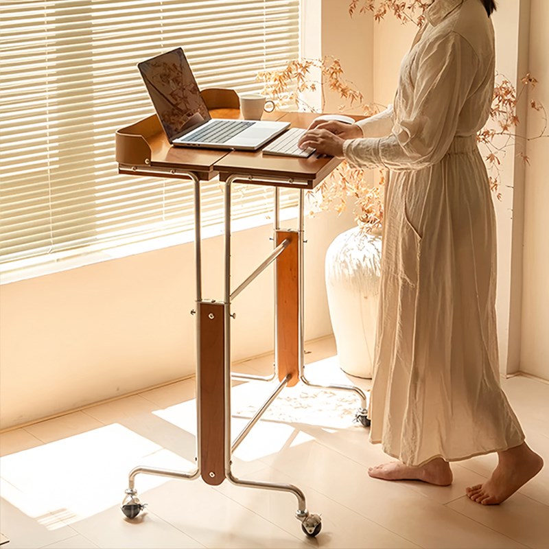 中古风实木可移动升降书桌家用电脑办公学习置物复古卧室床边桌子