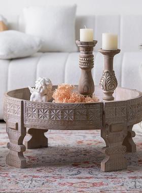 美式复古雕花茶几客摩洛哥厅沙发小边几木阳QVG台圆桌木质做旧实