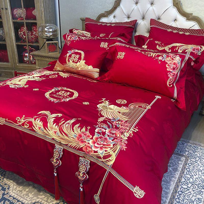九喜套狐结婚全棉红H1096色四件套件备婚长绒棉套贡缎花提六件一