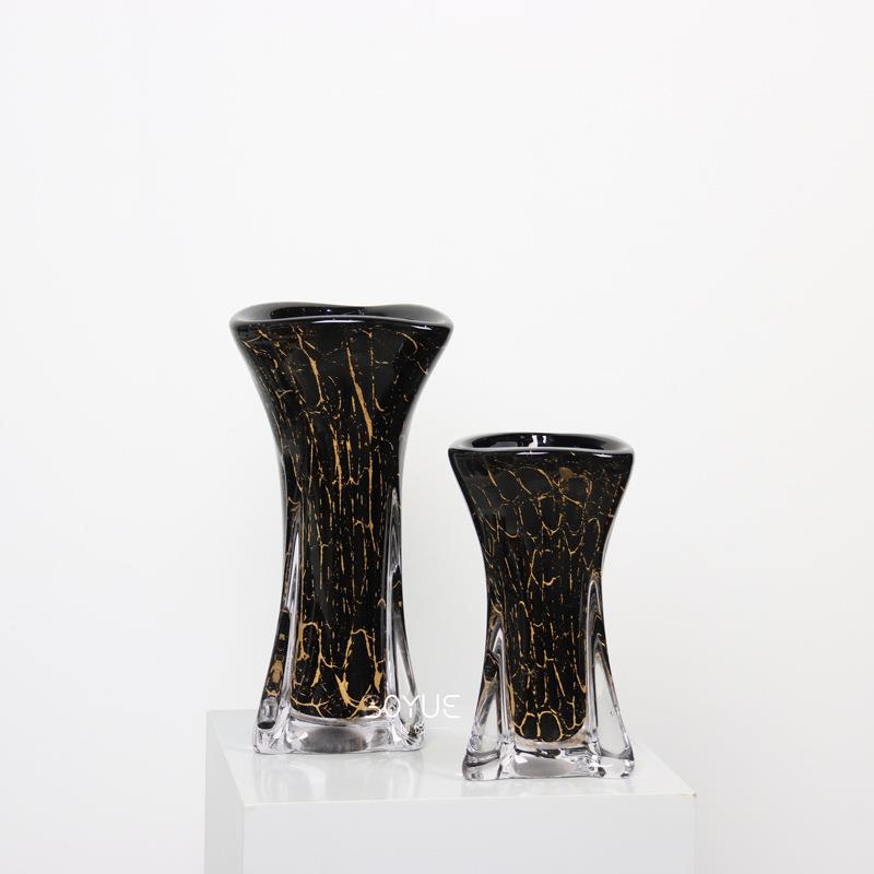 意黑色裂纹三角璃口琉创花瓶样板房现代轻奢QHG家居摆茶几桌面装