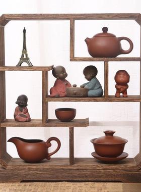 博古架小木中式迷你桌面件紫实砂壶展示子架多摆宝阁茶具架置kbnA