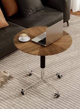 新胡桃IOI木实木中古移风带轮子可动可升降桌子圆沙发边几餐款桌