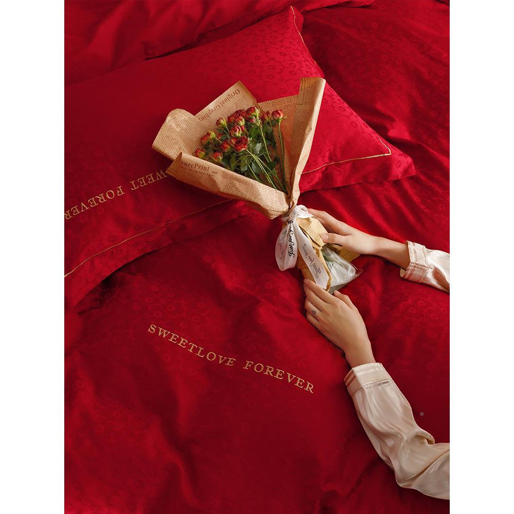 红1VF768876MPR浪漫婚庆100支长棉全绒棉四件套提花刺绣大色套被