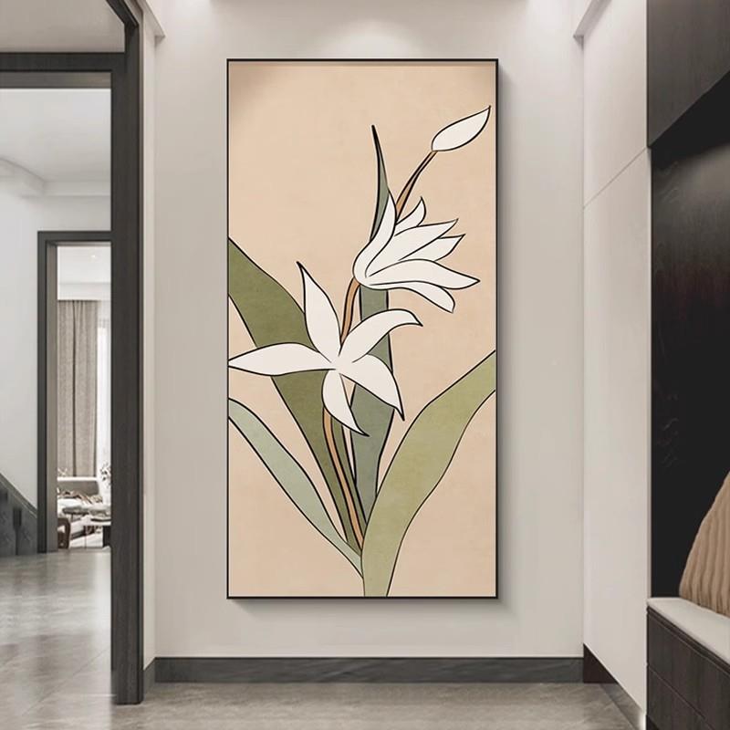 现代简约进门玄关装饰画画水仙花卉面墙壁奶油风廊过道竖走EWA版