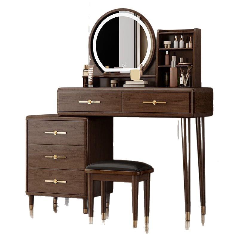 新中桌实木妆台卧PDD10265室现代简约化妆台带灯收纳柜伸缩书式桌