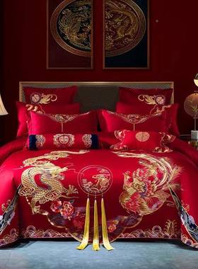 100床S长绒棉婚庆结式婚四件套房大红用纯棉高端中龙凤93189刺绣