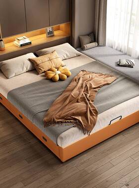 现代抽简约多功能无床头储物床实落地榻纳65869榻米床气压屉卧木