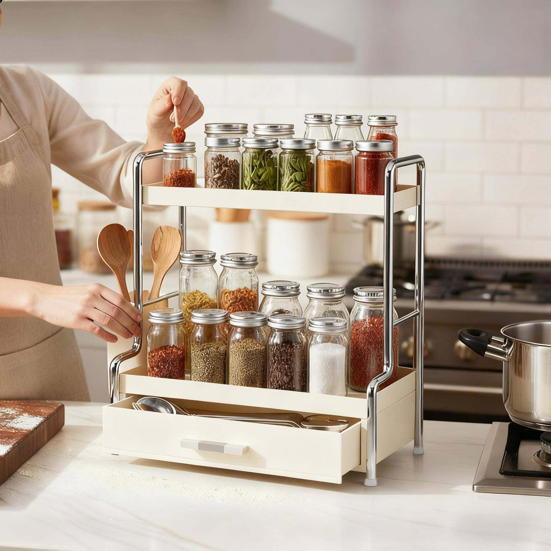 奶油风厨用品置物砧架带抽屉房板架筷子筒大容量家纳用调料YS2401,厨房/烹饪用具,抹布架/厨房清洁收纳架,淘宝优惠券,粉丝福利购,淘宝优惠卷