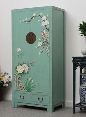 中式实高木储物柜复古单人绿色衣仿柜古彩绘整体收纳装饰QHH橱柜