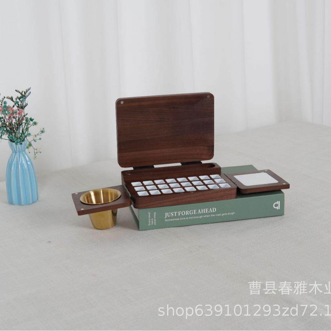 黑胡桃可木折叠颜料盒颜料盒旅行便颜携木制调色盘美甲彩实绘多格