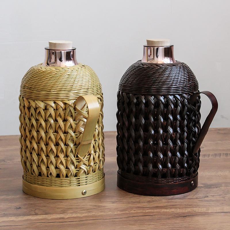 式手工竹编热水茶壶保温瓶老竹壳开古水瓶家用F87567S8室玻璃内胆