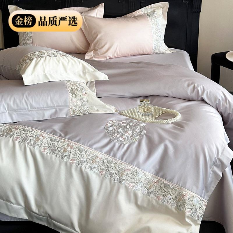 1套00S长绒高棉上精密刺绣四件浪漫花卉全棉拼边100S长绒被套床用