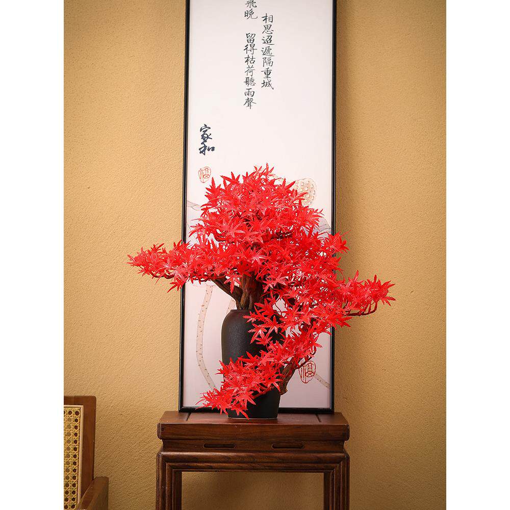 迎松摆件客玄关装饰新中式办客公03室架饰品花瓶红枫厅崖柏花树彷
