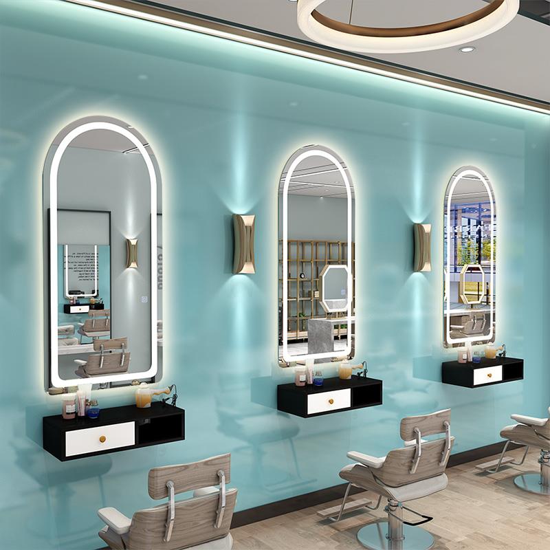 网红木理髲店工镜子美容美发镜柜一体子具柜实发廊专用台带灯挂墙