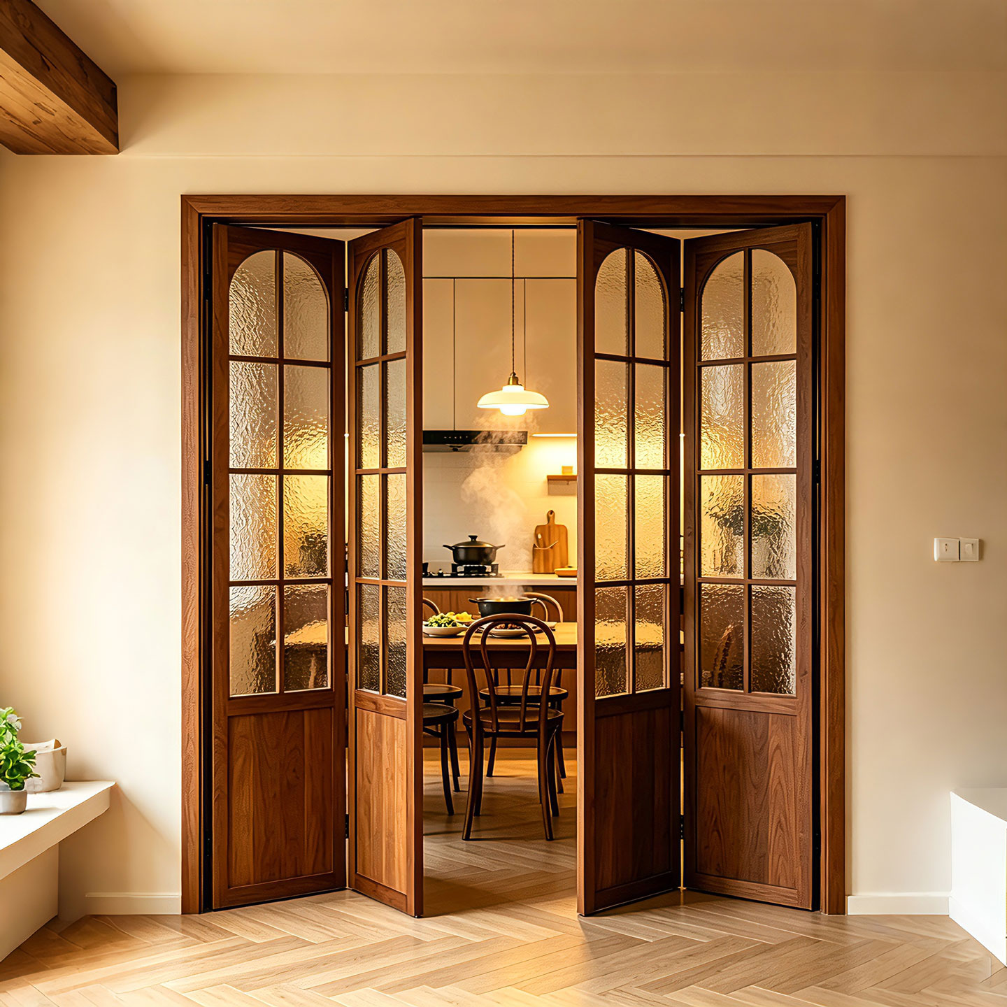 法式实木玻璃吊轨双开卧室门图片