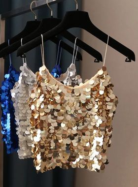 Vneck sequined camisole blingbling红色银色背心亮片上衣吊带女