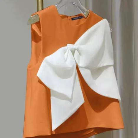 Round neck solid color bow sleeveless top 圆领纯色蝴蝶结上衣