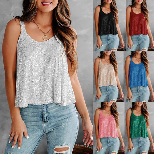 闪闪无袖吊带亮片背心女式Sparkling off-shoulder sequined vest