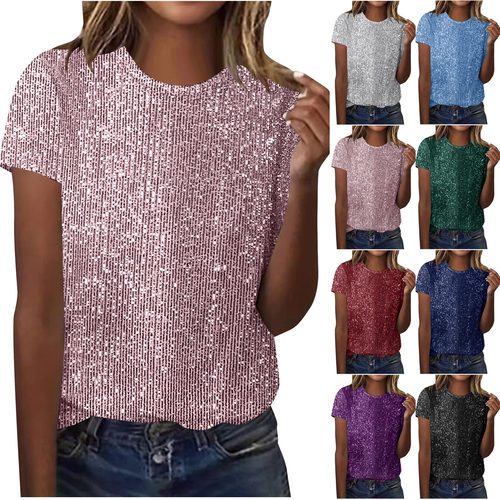 Sparkly Loose Round-Neck Short Sleeve亮片宽松圆领短袖女式T恤