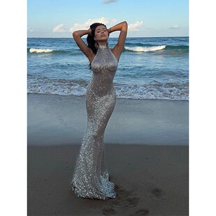 气质性感亮片挂脖连衣裙sequin neck hanging dress temperament