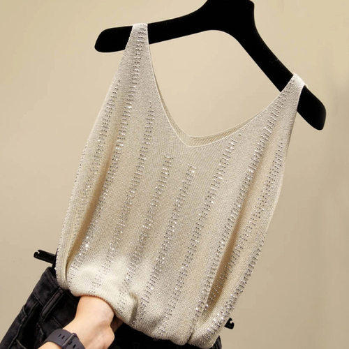 Sleeveless top rhinestone camisole vest无袖上衣V领吊带背心女
