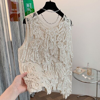 亮片镂空针织吊带背心女 Sequined hollow knitted camisole vest