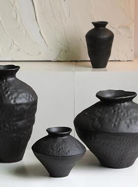 HSCJFHP侘寂风黑色陶罐子新粗式覆古禅中意陶室瓷花瓶摆件民宿茶