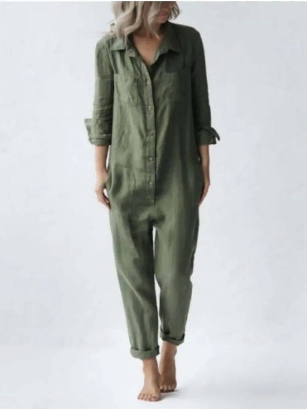 Polo collar long sleeved solid color jumpsuit 长袖纯色连体裤