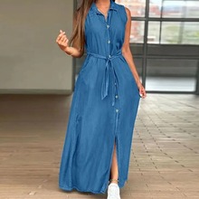 Polo collar sleeveless denim dress women翻领无袖牛仔连衣裙女